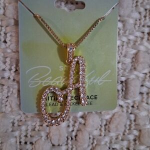 NWT Rhinestone Initial "A" Pendant Necklace - Gold Tone